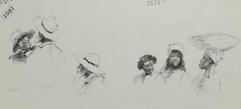 Item #266837 Pen and Ink Drawing: 2 vignette scenes of black men and women for "Mrs. Stowe's Uncle Tom at home in Kentucky" by James Lane Allen as it appeared in The Century Oct. 1887. E. W. Kemble.