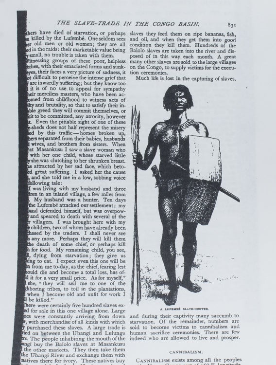 Pen and Ink Drawing: "A Lufamé slave-hunter." Illustration for E. J. Glave's "The Slave-Trade in the Congo Basin," By One of Stanley's Pioneer Officers. The Century Magazine, April 1890, page 831. . Signed lower right "Kemble." Also reproduced at p. 196 of Glave's In Savage Africa; or, Six Years of Adventure in Congo-Land. Ny.; Russell, [1892]