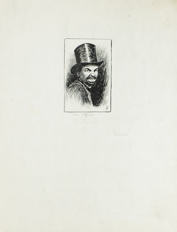 Item #266844 Pen and Ink Drawing: "The Promoter." Illustration for The Century Magazine of a gap toothed blackman in top hat . Signed "K" in ink; title in pencil below the drawing. Matted. It is indicated in pencil that this drawing of an African-American was to be used as an initial. E. W. Kemble.