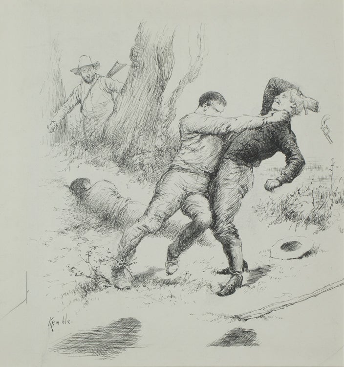 Pen and Ink Drawing: "I flung myself on him." Illustration for Oxtave Thanet, "Trusty, No. 49," The Century Magazine, June 1890, page 216