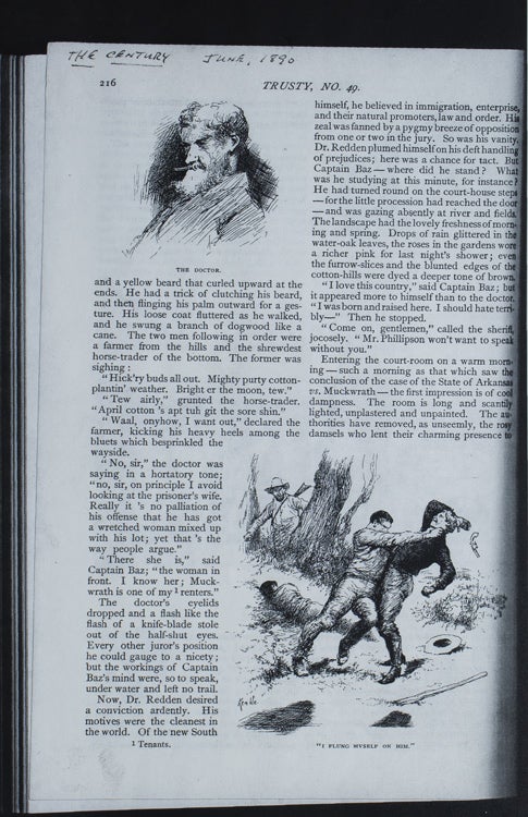 Pen and Ink Drawing: "I flung myself on him." Illustration for Oxtave Thanet, "Trusty, No. 49," The Century Magazine, June 1890, page 216
