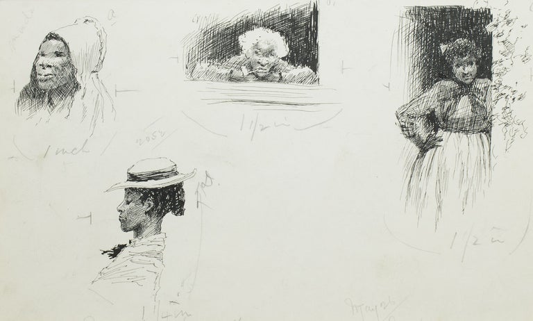 Pen and Ink Drawing: 4 vignette scenes of black women for "Mrs. Stowe's Uncle Tom at home in Kentucky" by James Lane Allen as it appeared in The Century Oct. 1887