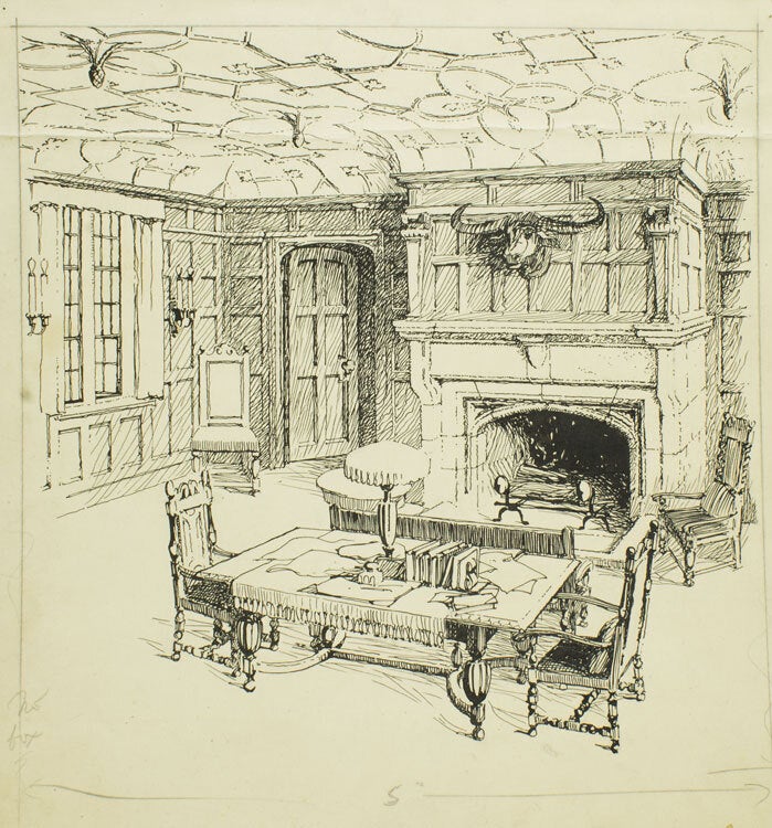 3 pen and ink drawings of Interiors for House & Garden, 1915