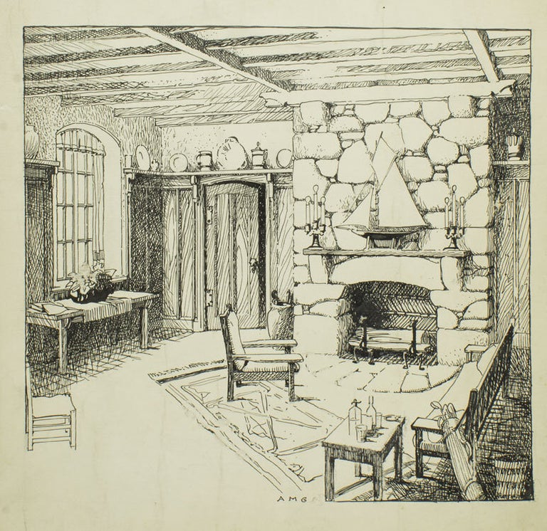 3 pen and ink drawings of Interiors for House & Garden, 1915