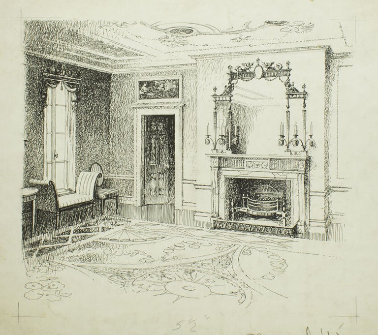 3 pen and ink drawings of Interiors for House & Garden, 1915