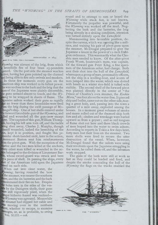Pen and Ink "The Wyoming in the Straits of Shimonoséki" drawn from a photograph for the Century April, 1892 for an article "The "Wyoming' in the Straits of Shimonoseki