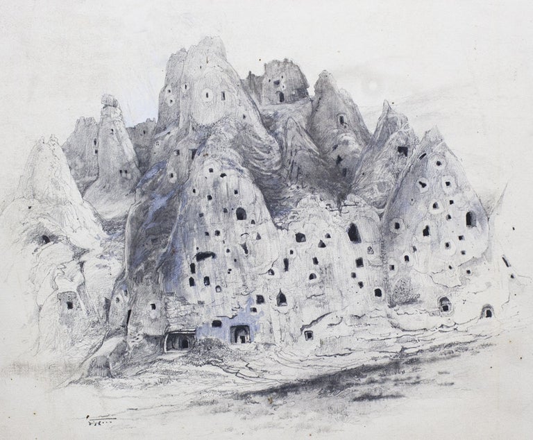 Item #266997 Drawing "View of a Cliff in Soghanlü Dere (Onion Valley)" for The Century article Troglodyte in Cappadocia by J.R. Sitlingrton Sterrett. Harry Fenn.