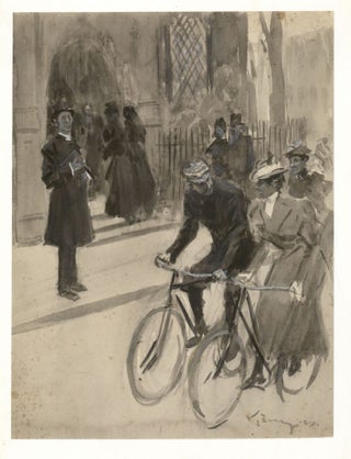 Item #266999 Watercolour: Bicyclists in front of Church. William Thomas Smedley