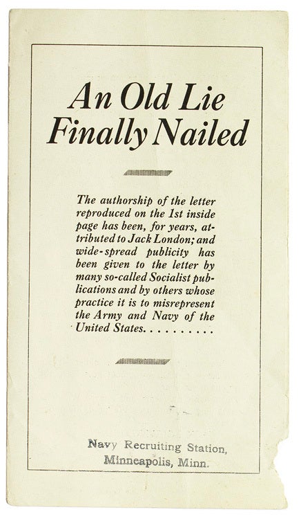 Item #267054 An Old Lie Finally Nailed. Jack London.