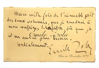 Item #267670 Autograph note, signed (“Emile Zola”), acknowledging the loan of two books....