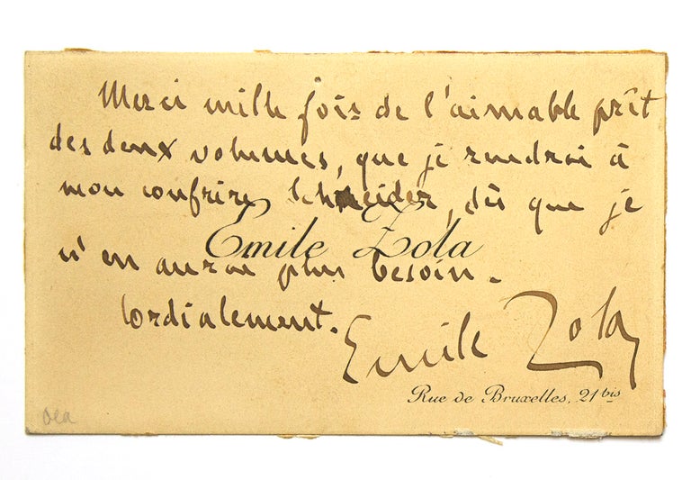 Item #267670 Autograph note, signed (“Emile Zola”), acknowledging the loan of two books. Emile Zola.