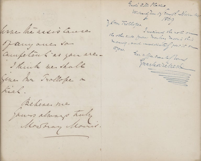 Item #267671 Autograph Letter, signed (“Charles Dickens” with flourish), to Adolphus Trollope, on the blank of a letter from Mowbray Morris to Dickens concerning his recommendation of Trollope to The Times. Charles Dickens.