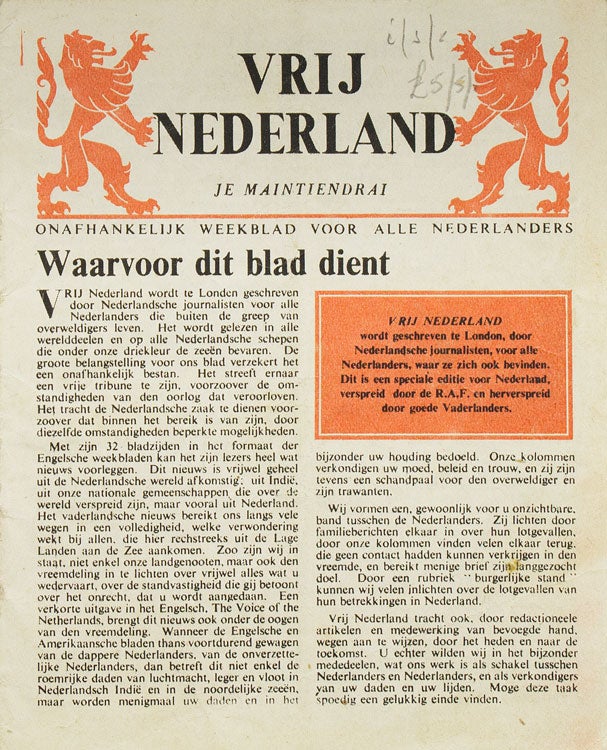 Item #267684 Vrij Nederland. Je Maintiendrai. Onafhankelijk Weekblad voor Alle Nederlanders. Winston S. Churchill.