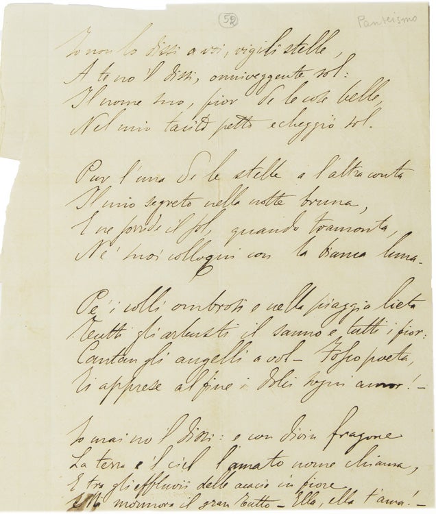 Item #267954 Autograph Manuscript, unsigned of his poem “Panteismo" Giosuè Carducci.