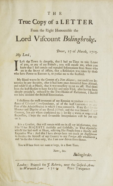 The True copy of a letter from the Right Honourable the Lord Viscount Bolingbroke