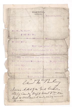 Item #26899 Typed letter signed, “W McKinley”, with handwritten post-script, to Wm. H. Clark,...