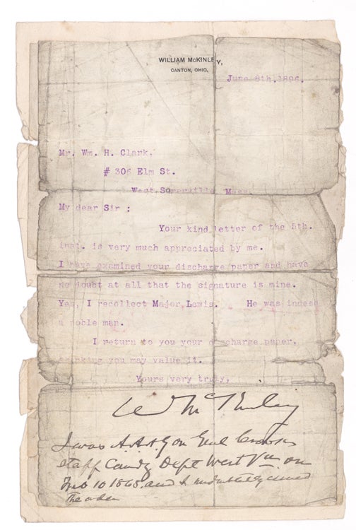 Typed letter signed, “W McKinley”, with handwritten post-script, to Wm. H. Clark, West Somerville Mass., concerning Clark's Civil War service