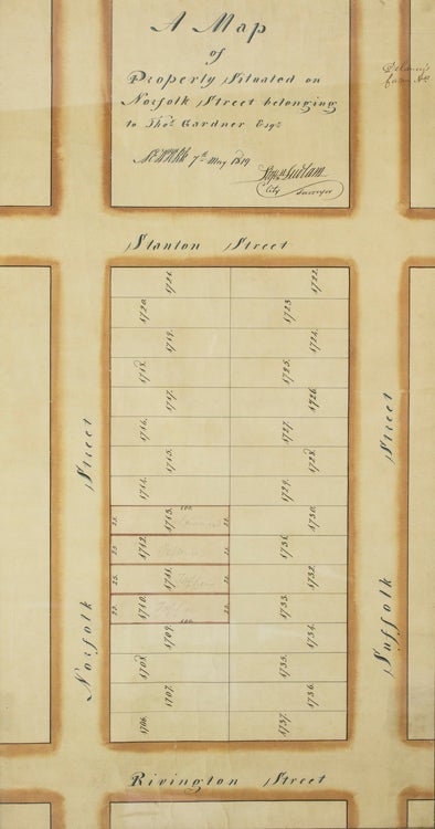 Manuscript map of “Property Situated on Norfolk Street belonging to Thos. Gardner, Esq.” signed by Stephen Ludlam, City Surveyor, pen, ink and colors on paper