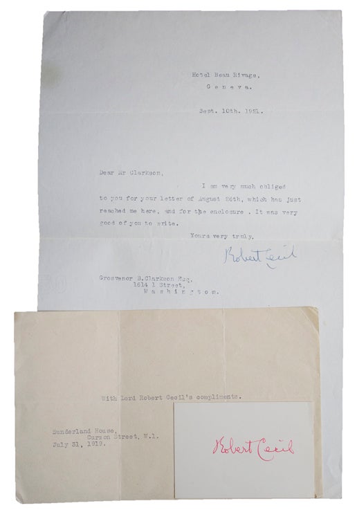 Typed letter signed “Robert Cecil” and a card signed “Robert Cecil”