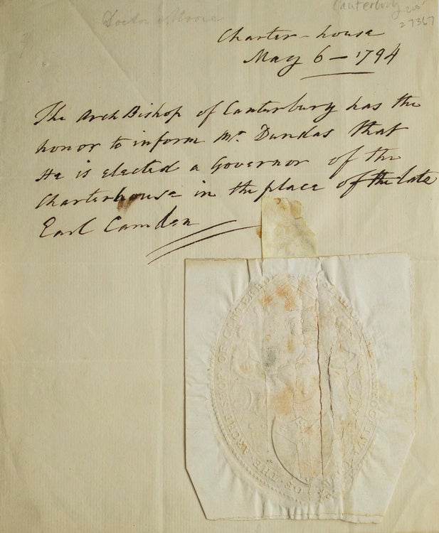 Manuscript letter written in the third person to Mr. Dundas, with Archbishop's seal affixed