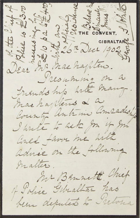 Autograph letter signed “George S. White,” mourning stationery, as Governor of Gilbraltar