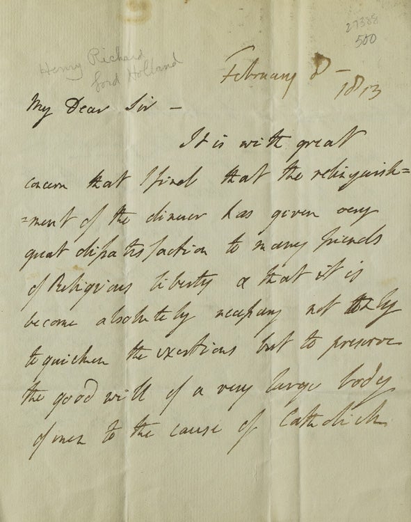 Item #27388 A group of three autograph letters signed the first by Henry Richard Vassall Fox, Baron Holland “Vassall Holland,” the second by Alexander Hamilton Douglas, Duke of Hamilton ““Douglas and Clydesdale” and the last in the third person the Augustus Frederick Fitzgerald, Duke of Leinster. Catholic Emancipation.