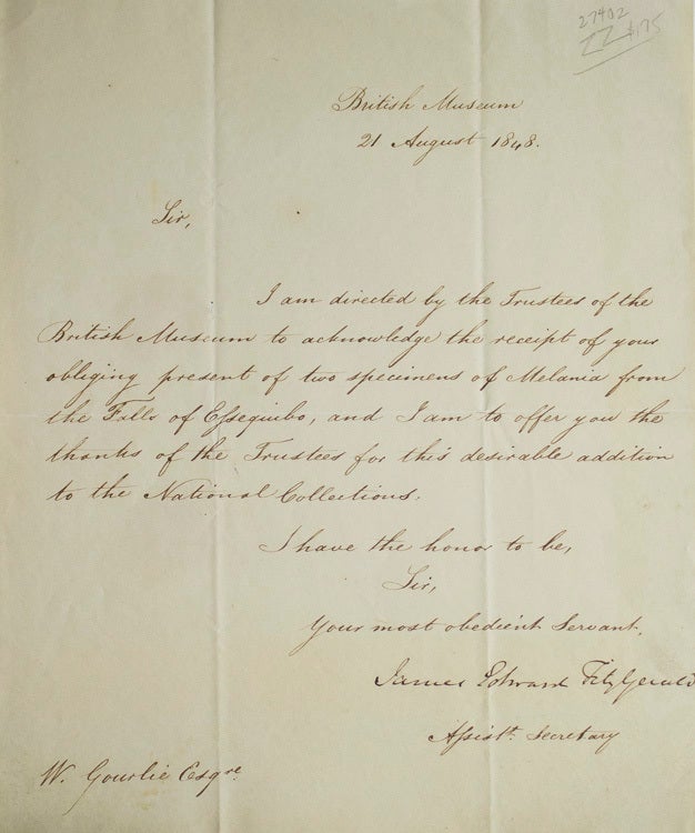 ALS “James Edward Fitzgerald” as Assistant Secretary of the British Museum to William Gourlie