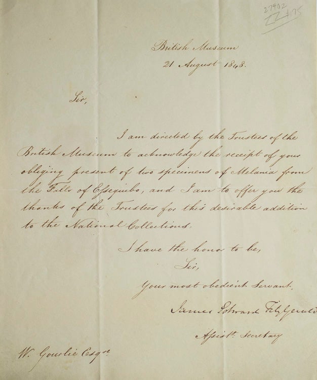 ALS “James Edward Fitzgerald” as Assistant Secretary of the British Museum to William Gourlie