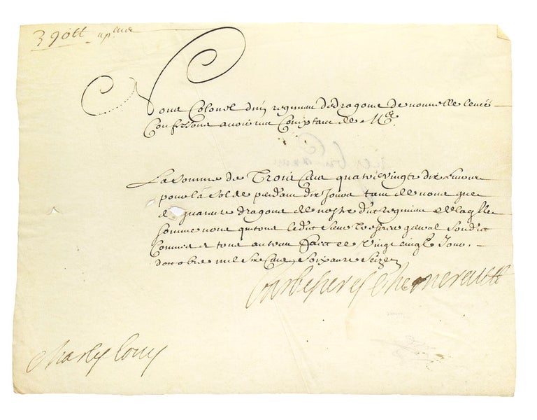 Manuscript quittance signed “Barbezieres de Chemerault” and in the lower corner “Charles Louis”