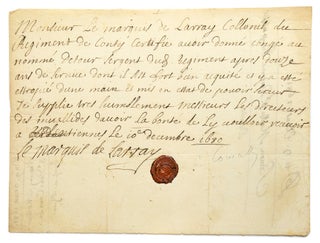 Item #27707 Manuscript document signed “Le Marquis de Larray” with his seal. Louis XIV,...