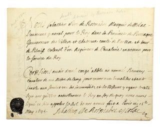Item #27708 Manuscript document signed ““Sebastien De Rosmadec Molac,” with seal. Louis...