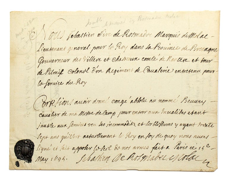 Manuscript document signed ““Sebastien De Rosmadec Molac,” with seal
