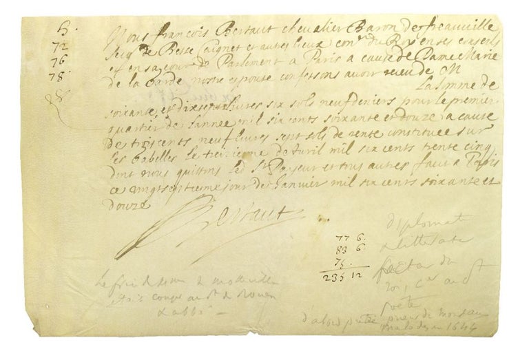 Item #27716 Manuscript document signed “Bertaut”. Louis XIV, François Bertaut Freauville, Baron de.