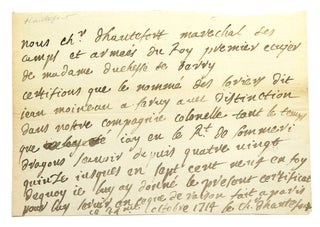 Item #27722 Autograph manuscript document signed “Le Ch. Hautefort”. Louis XIV, Gabriel de...