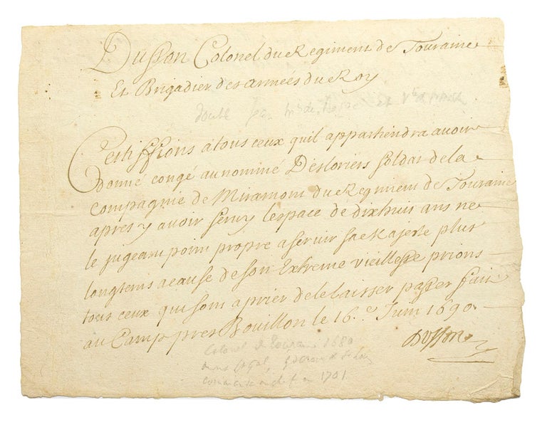 Item #27724 Manuscript document signed “D'Usson”. Louis XIV, Jean dUsson Usson, called the Marquis d', Marquis de Bezac.