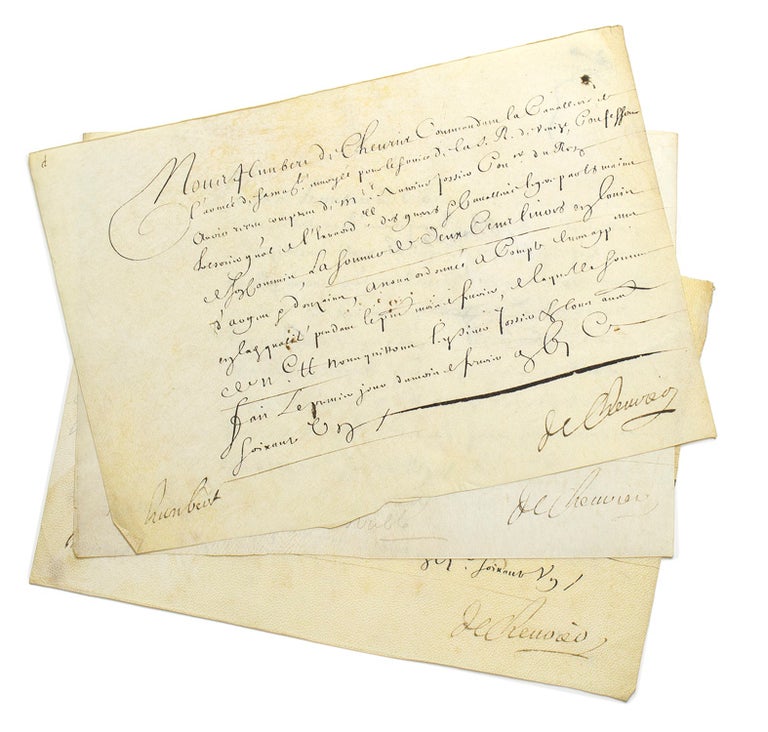 Item #27747 Three manuscript documents signed “Humbert de Chevrier”. Louis XIV, Humbert Chevrier, de.