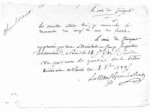 Item #27763 Lower portion of a manuscript document with the a one-line post script and signature of the Marquis de Fourquet, manuscript approval signed by Crenolle, Marêchal de Camp “Crenolle” and manuscript postscript by Chamborant signed “Le M de Chamborant”. Louis XVI, André Claude Chamborant de la Claviere, Marquis de.