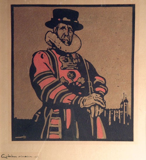 Item #27943 “Beef-Eater”: woodcut from the series “London Types”, deluxe edition, printed in colors and with hand-coloring, signed and dated by the artist “William Nicholson 1898”. William Nicholson.