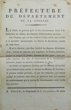 Item #28340 Préfecture du Département de la Correze. French Revolutionary Broadside