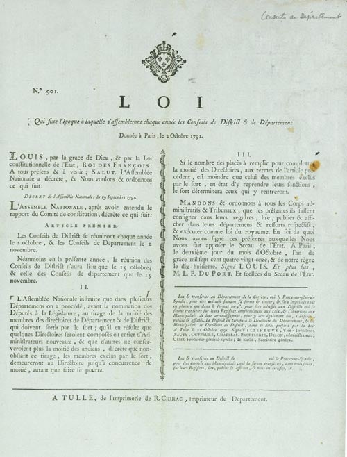 Loi Qui fixe l'époque à laquelle s'assembleront chaque année les Conseils de District & de Département. Donnée à Paris, le 2 Octobre 1791