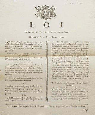 Item #28352 Loi Relative à la décoration militaire. Donnée à Paris, le 7 Janvier 1791. French...