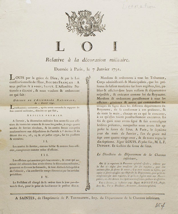 Loi Relative à la décoration militaire. Donnée à Paris, le 7 Janvier 1791