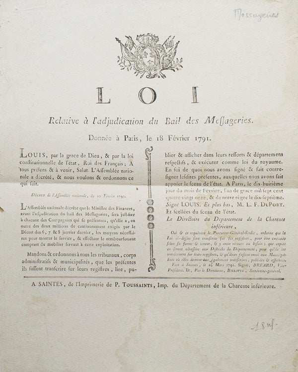 Loi Relative à l'adjudication du Bail des messageries. Donnée à Paris, le 18 Fevrier 1791