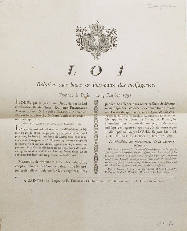 Loi Relative aux baux & soux-baux des messageries. Donnée à Paris, le 5 Janvier 1791