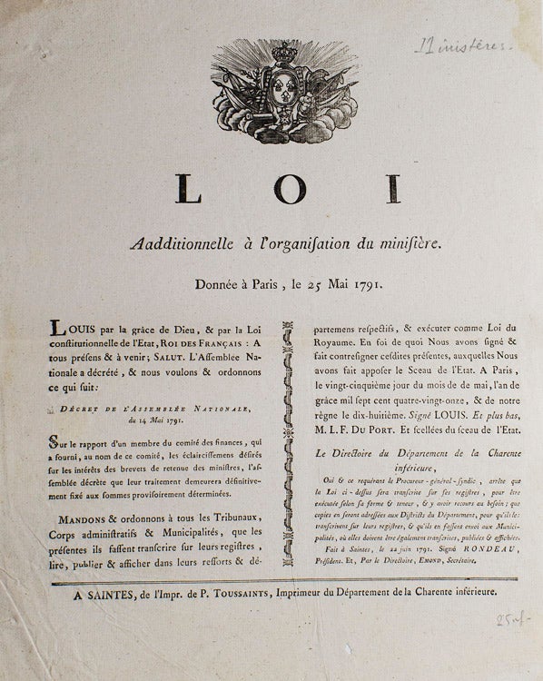 Loi Aadditionnelle (sic) à l'organisation du ministrère. Donnée à Paris, le 25 mai 1791