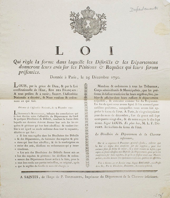 Loi Qui règle la forme dans laquelle les Districts & les Départemens donneront leurs avis sur les Pétitions & Requêtes qui leurs seront présentées. Donnée à Paris le 25 Decembre 1790