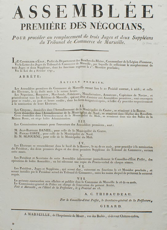 Assemblée Première des Négocians, Pour Procéder au remplacement de trois Juges et deux Suppléans du Tribunal de Commerce de Marseille