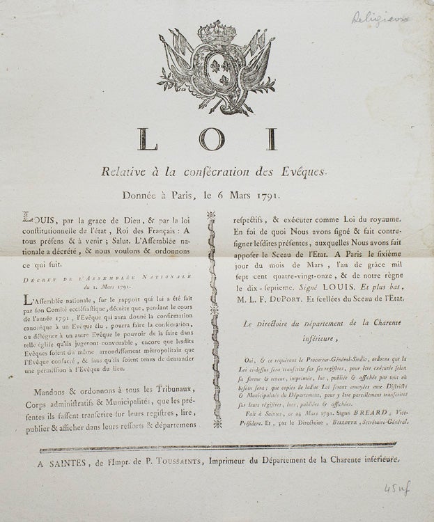 Loi Relative à la consécration des Evêques. Donnée à Paris, le 6 Mars 1791