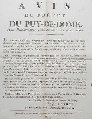 Item #28363 Avis du préfet du Puy-de-Dôme, aux Pensionnaires ecclésiastiques des deux sexes....
