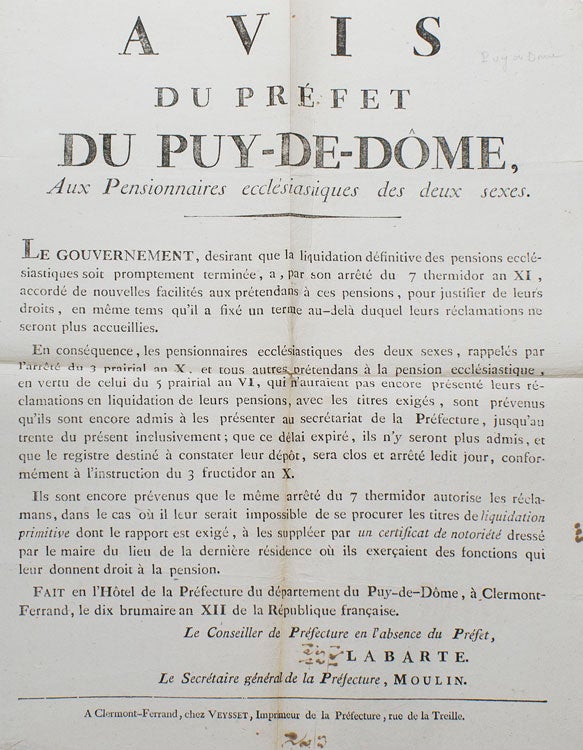 Avis du préfet du Puy-de-Dôme, aux Pensionnaires ecclésiastiques des deux sexes